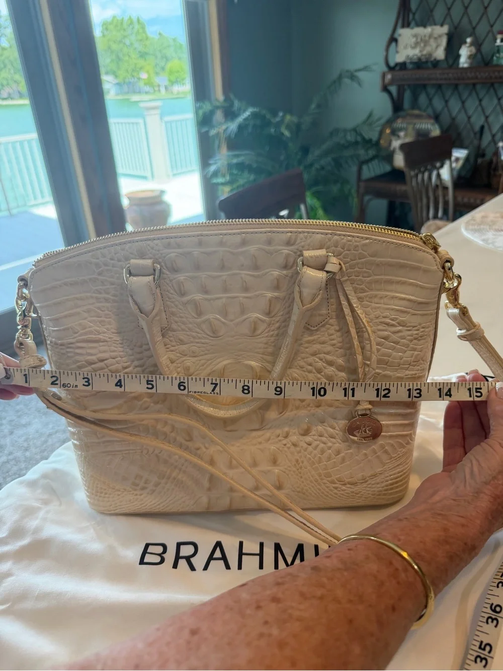 Brahmin Cream Croc-Embossed Dome Satchel